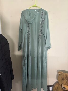 Elegant Sage Green Maxi Abaya with Embellished Trim